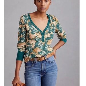 Pilcro Green Floral Long Sleeve Tee
